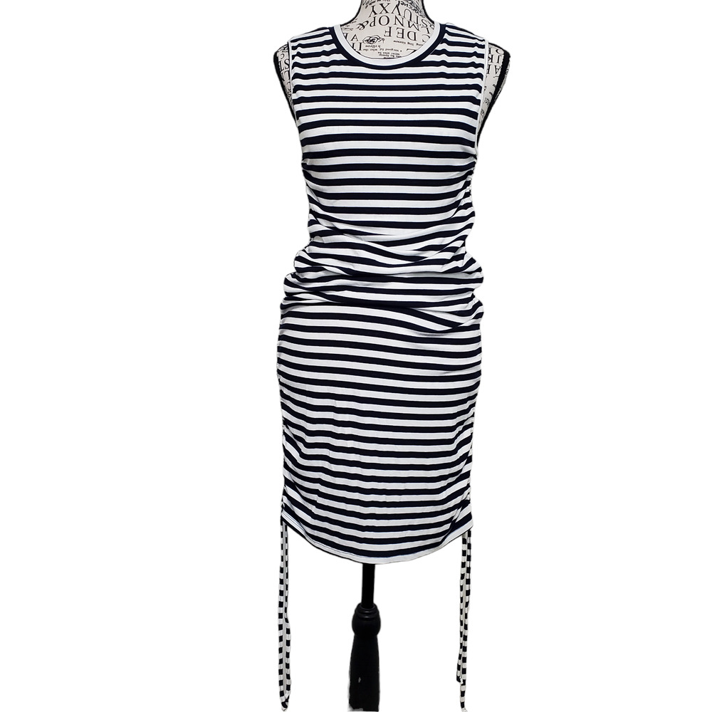 BB Dakota by Steve Madden NWT Navy Cream Stripe Tank Bodycon Dress Ruching Large